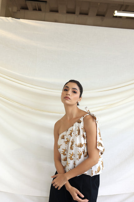 Printed one shoulder tie-up top