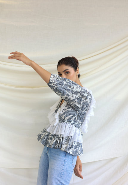 Printed ruffle detail top