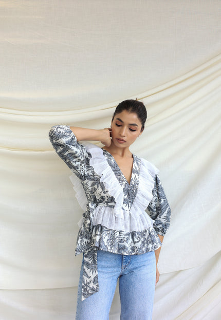 Printed ruffle detail top