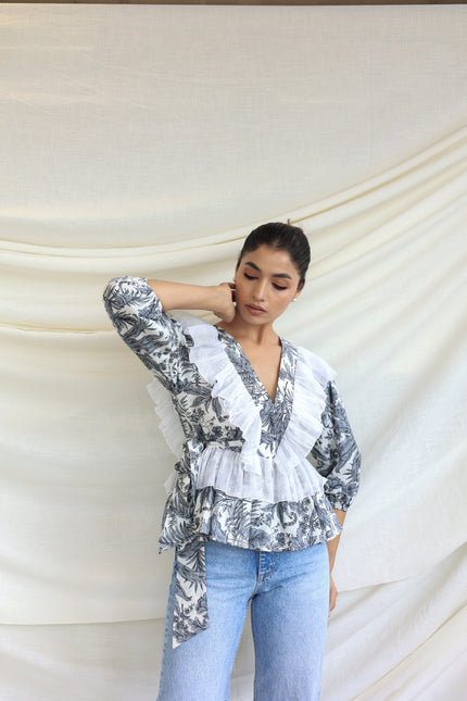 Printed ruffle detail top