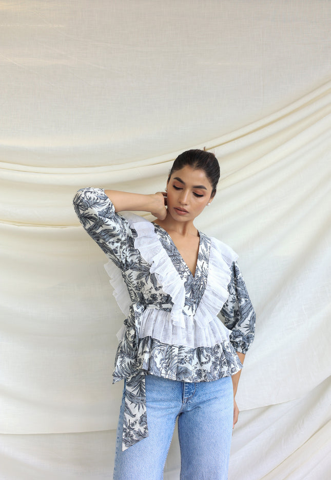 Printed ruffle detail top
