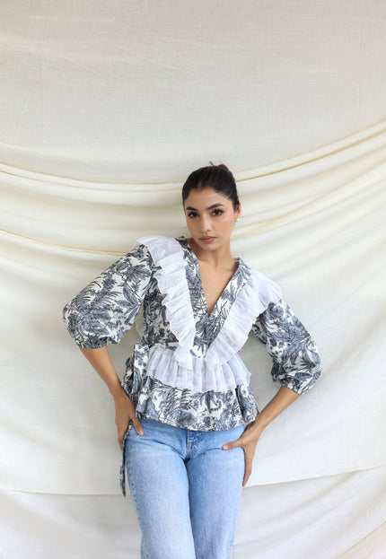Printed ruffle detail top
