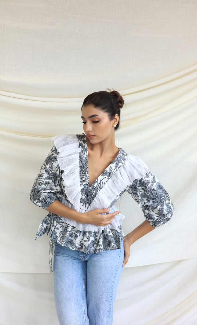 Printed ruffle detail top