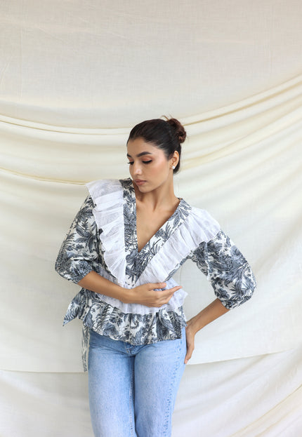 Printed ruffle detail top