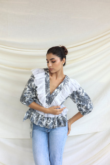 Printed ruffle detail top