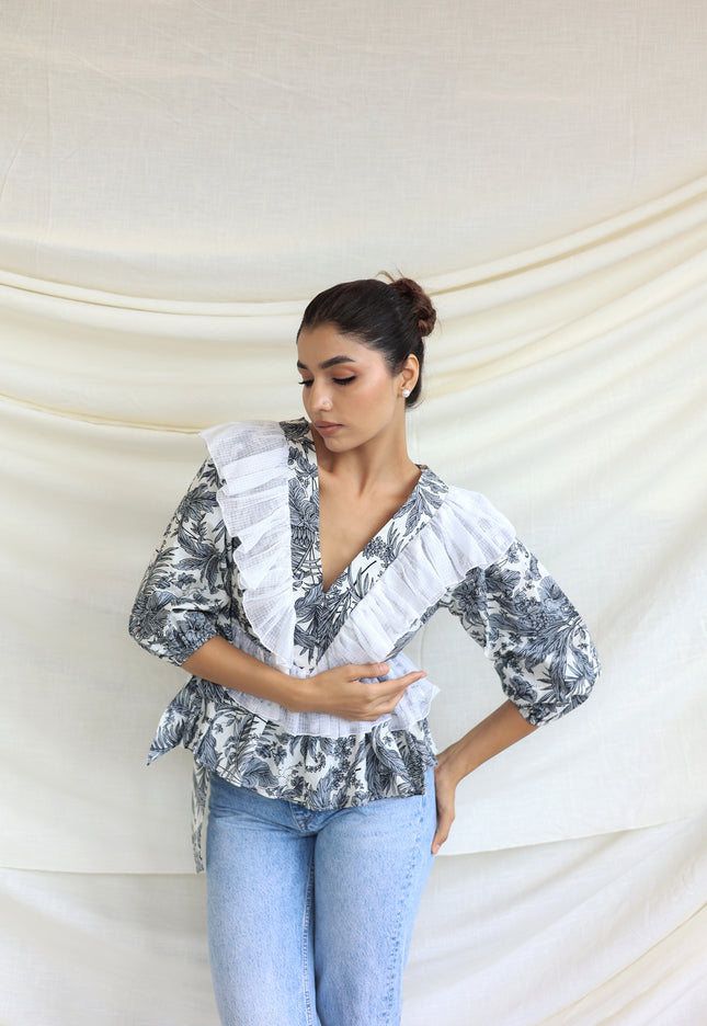 Printed ruffle detail top
