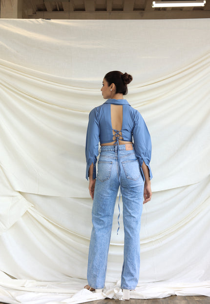 Blue collared boned corset shirt