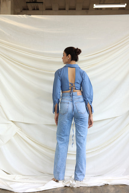 Blue collared boned corset shirt