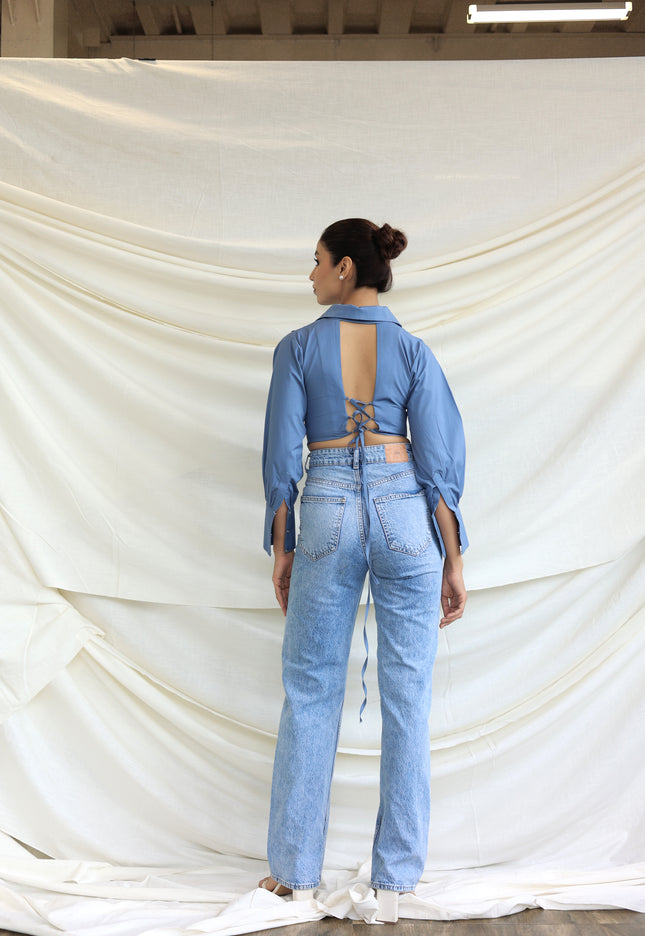 Blue collared boned corset shirt