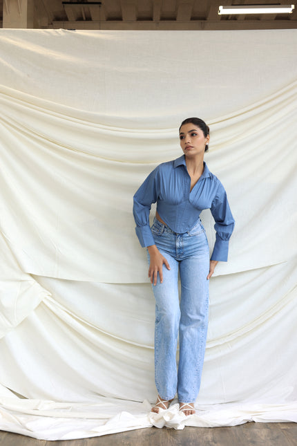 Blue collared boned corset shirt