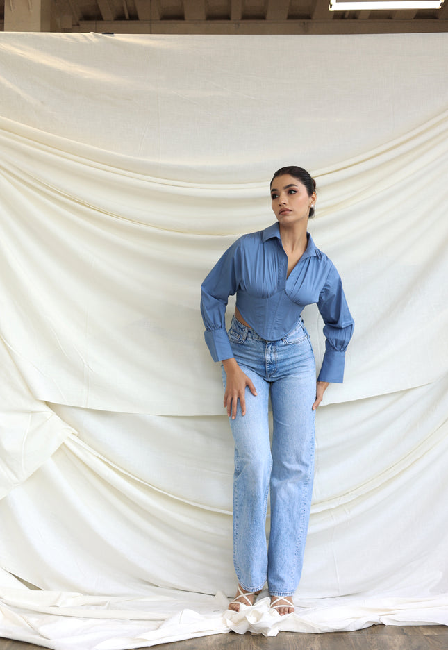 Blue collared boned corset shirt