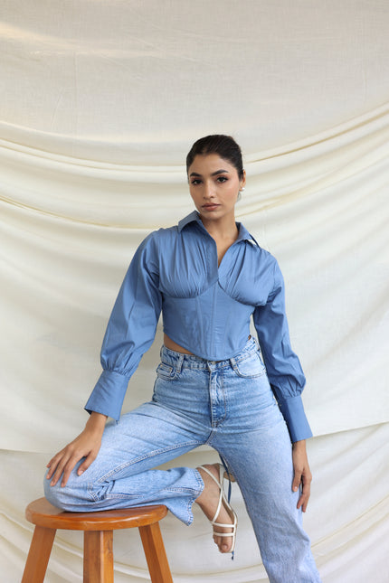 Blue collared boned corset shirt