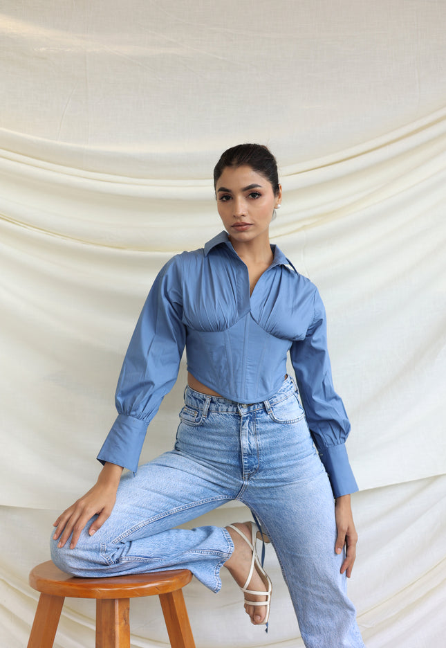 Blue collared boned corset shirt