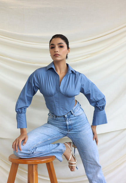 Blue collared boned corset shirt