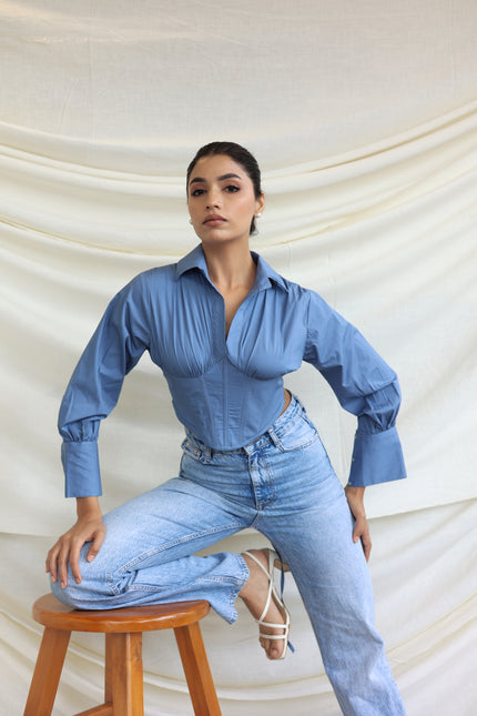 Blue collared boned corset shirt