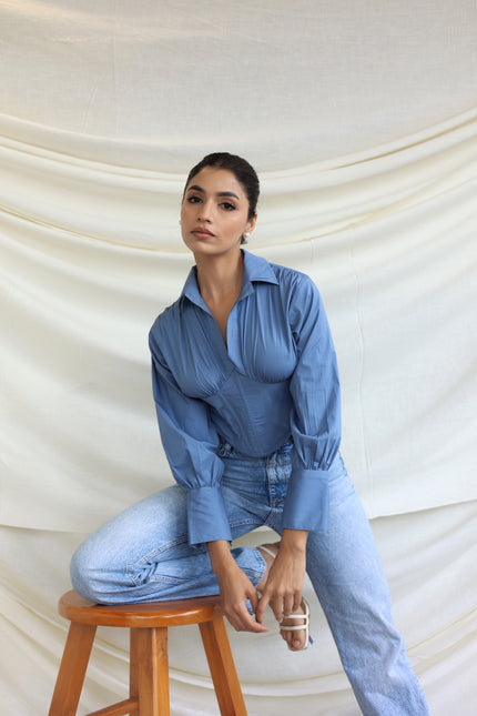 Blue collared boned corset shirt