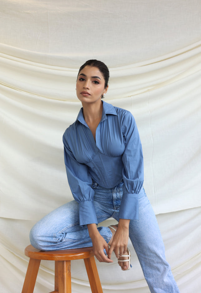 Blue collared boned corset shirt