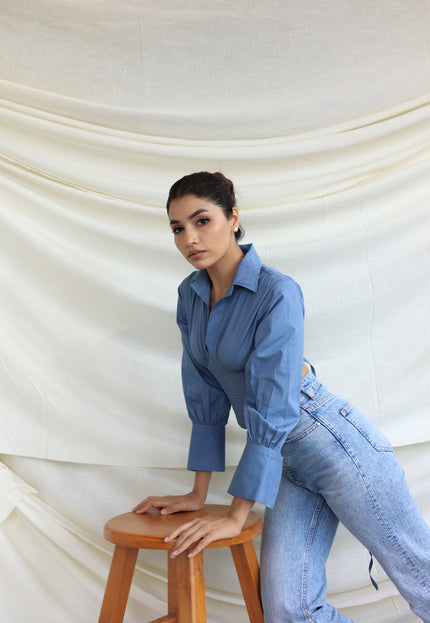 Blue collared boned corset shirt