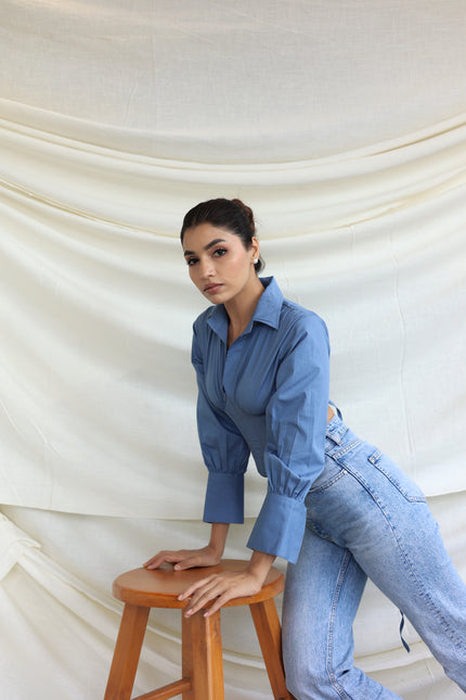 Blue collared boned corset shirt