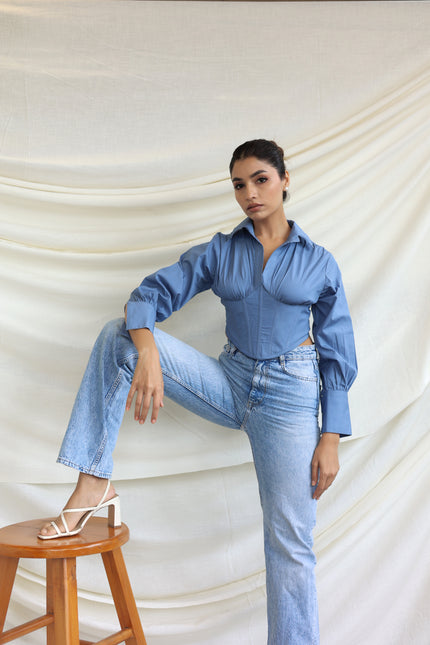 Blue collared boned corset shirt
