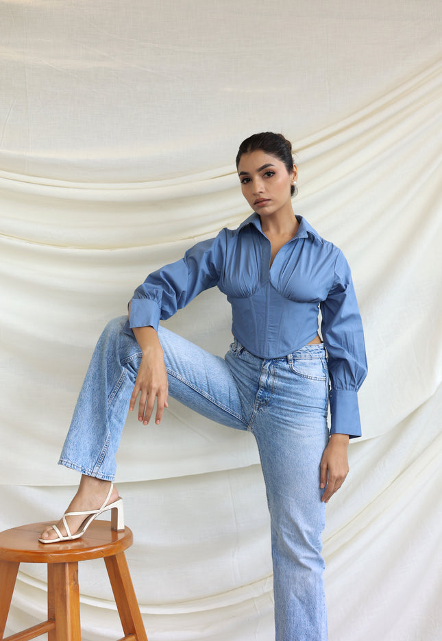 Blue collared boned corset shirt