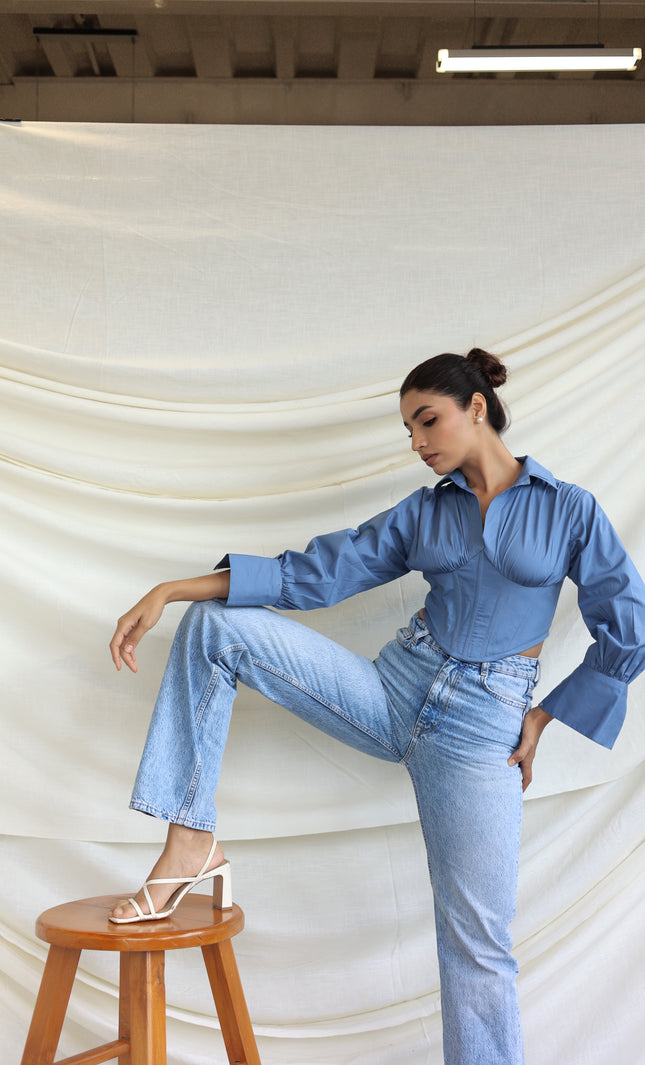 Blue collared boned corset shirt