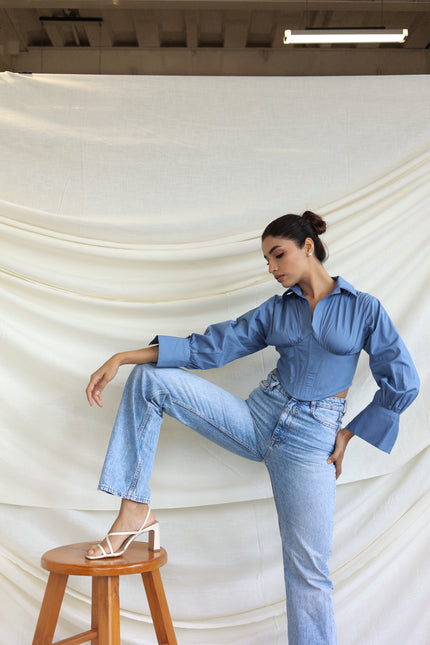 Blue collared boned corset shirt