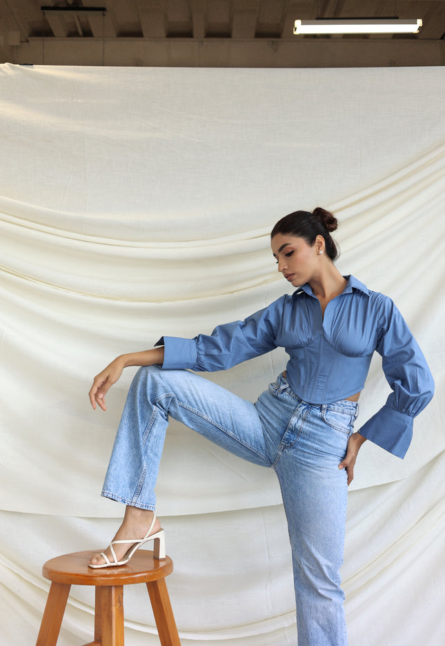 Blue collared boned corset shirt