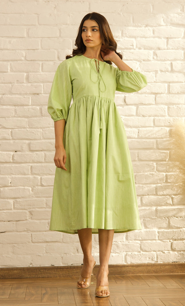 Green gathered midi dress