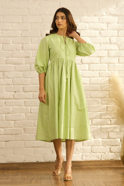 Green gathered midi dress