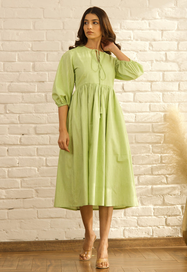 Green gathered midi dress
