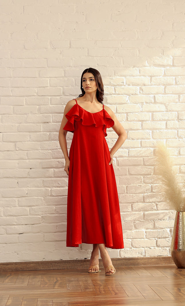 Red cotton ruffle midi dress