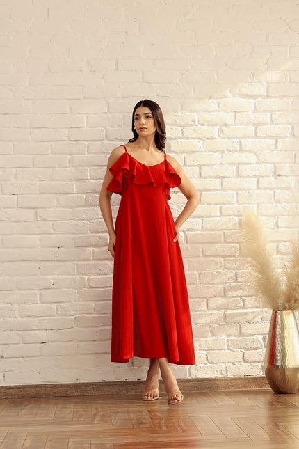 Red cotton ruffle midi dress