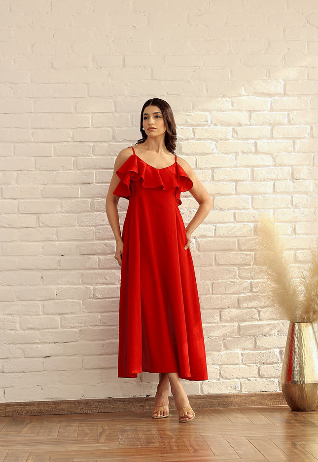 Red cotton ruffle midi dress