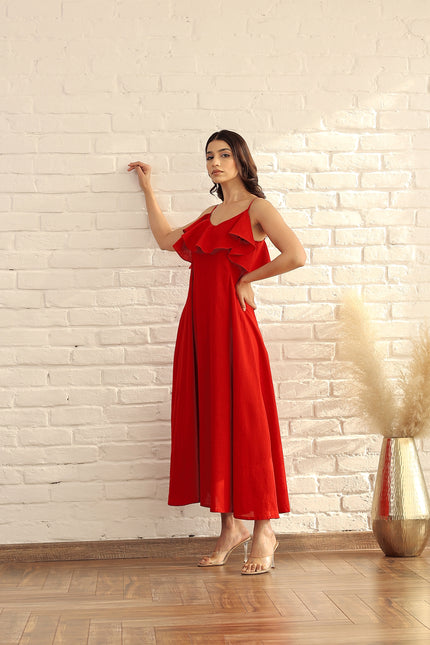 Red cotton ruffle midi dress