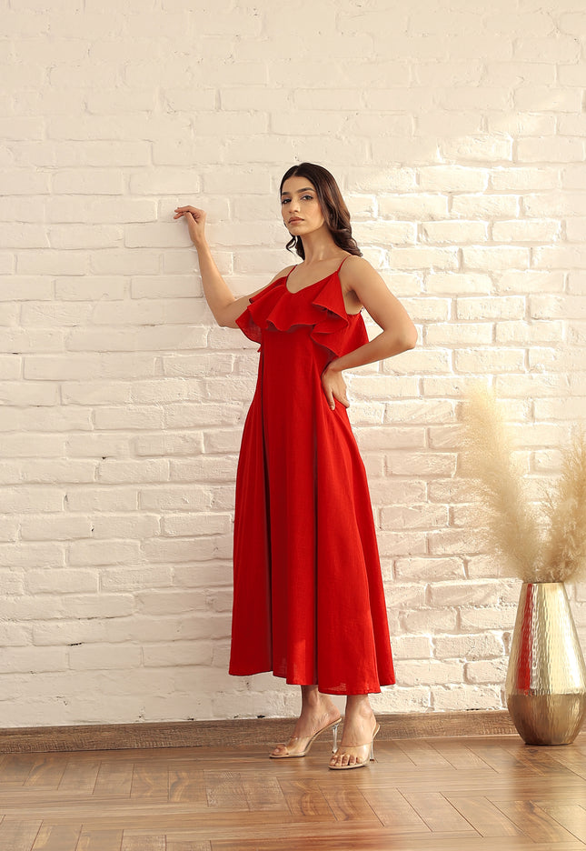 Red cotton ruffle midi dress