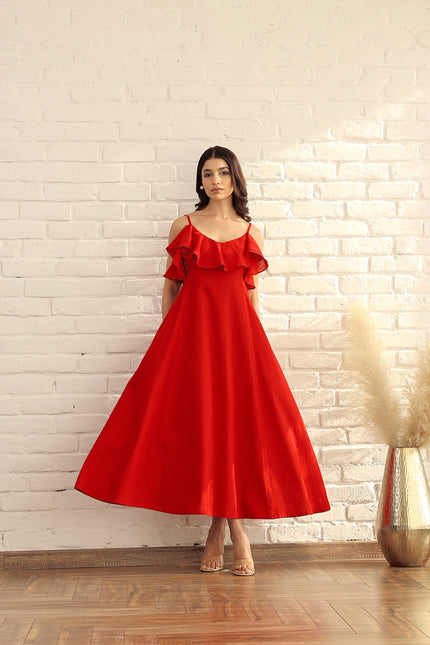 Red cotton ruffle midi dress