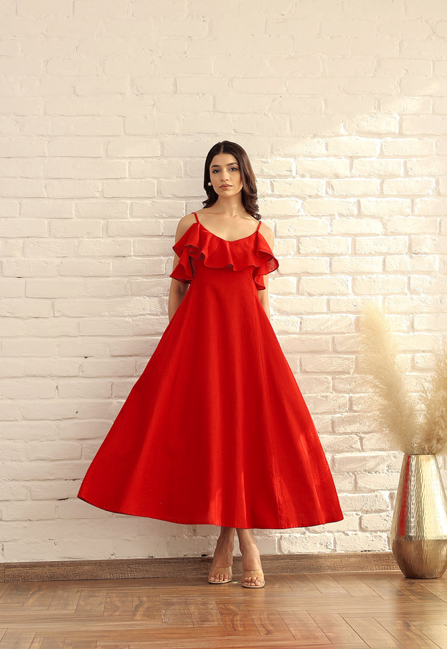 Red cotton ruffle midi dress