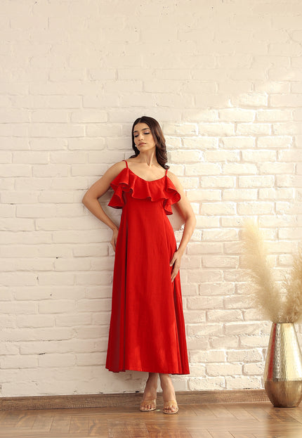 Red cotton ruffle midi dress