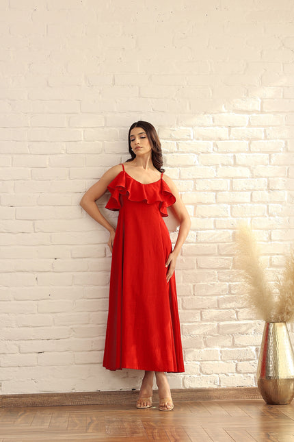 Red cotton ruffle midi dress
