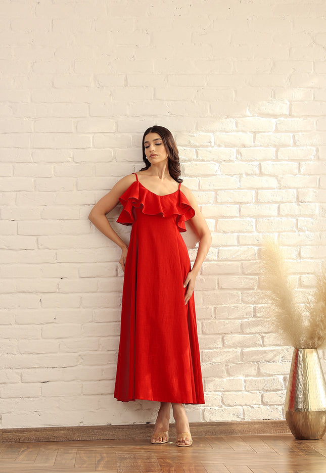 Red cotton ruffle midi dress