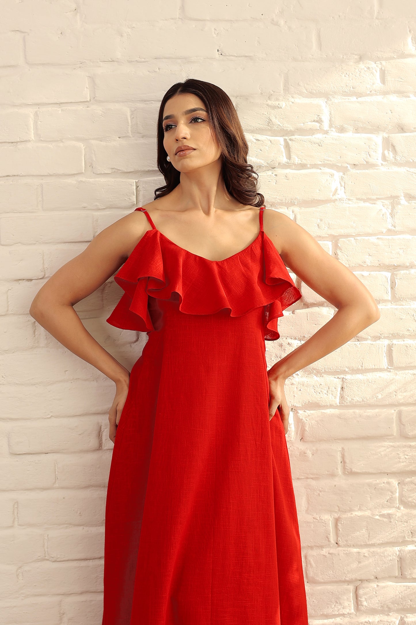 Red cotton ruffle midi dress
