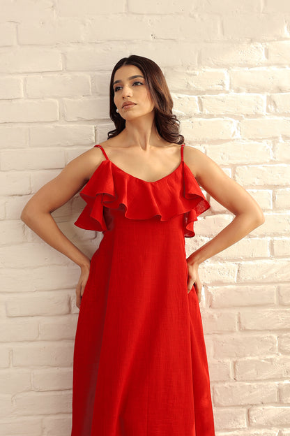 Red cotton ruffle midi dress