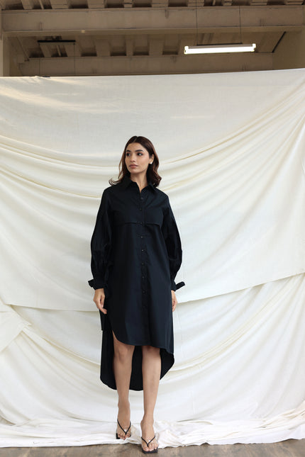 Black button through midi shirt dress