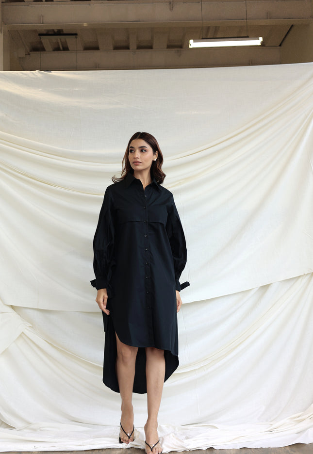 Black button through midi shirt dress