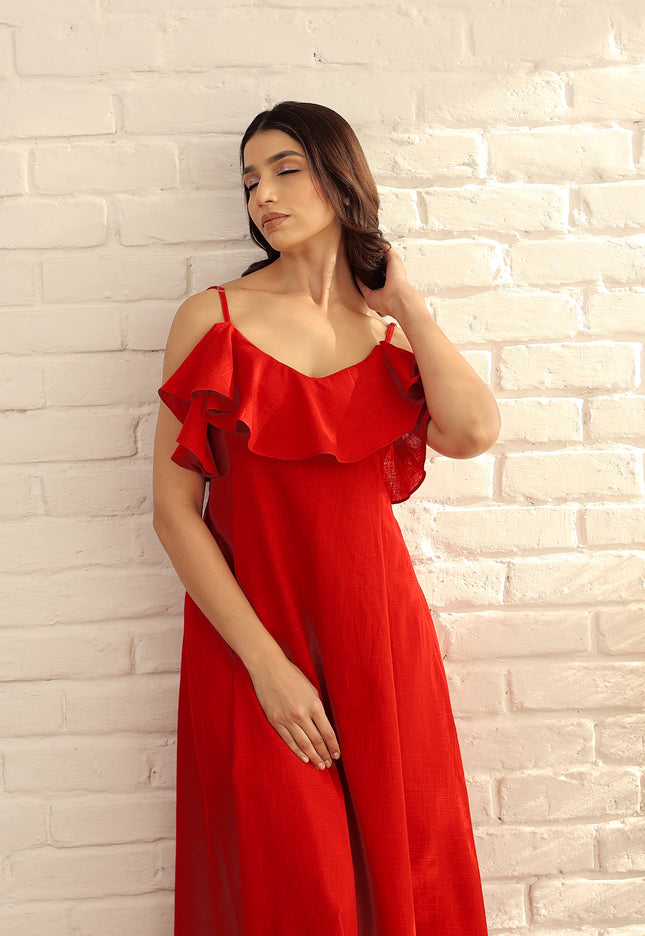 Red cotton ruffle midi dress