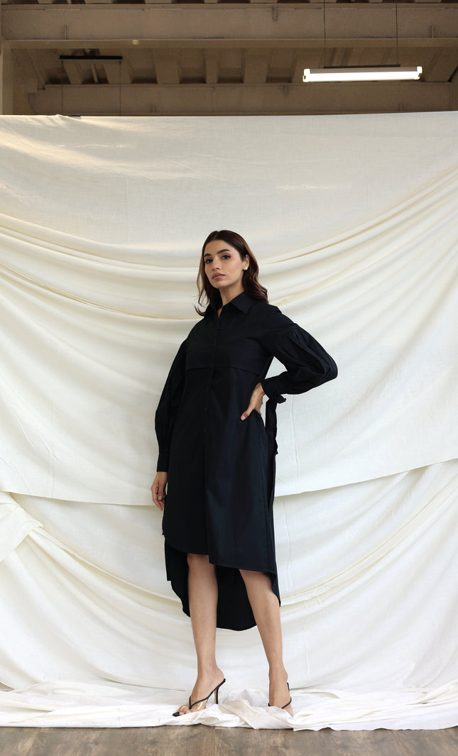 Black button through midi shirt dress