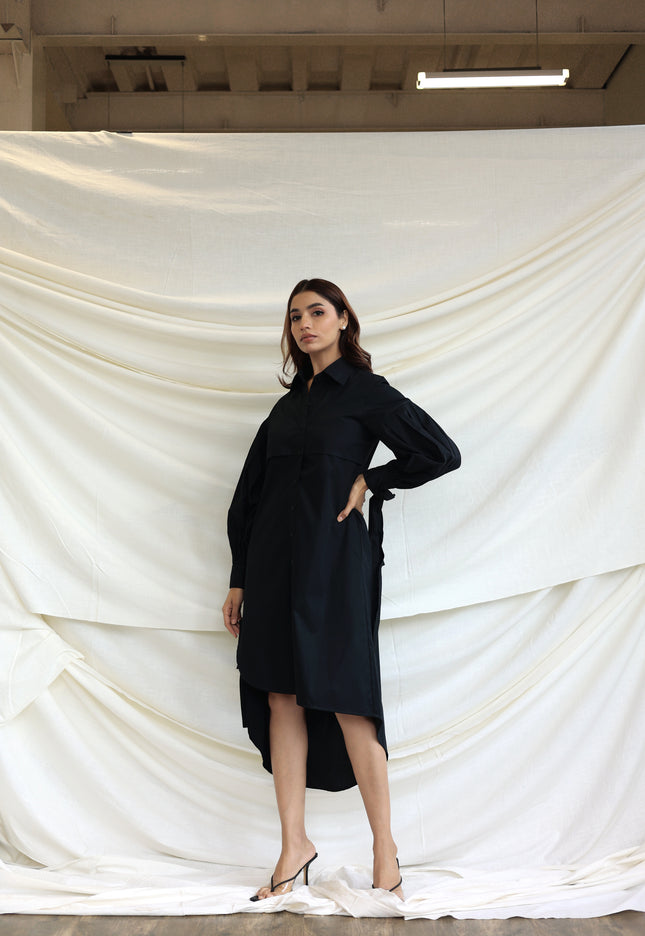 Black button through midi shirt dress