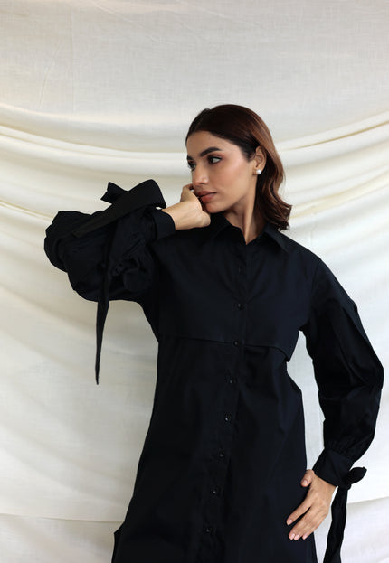 Black button through midi shirt dress
