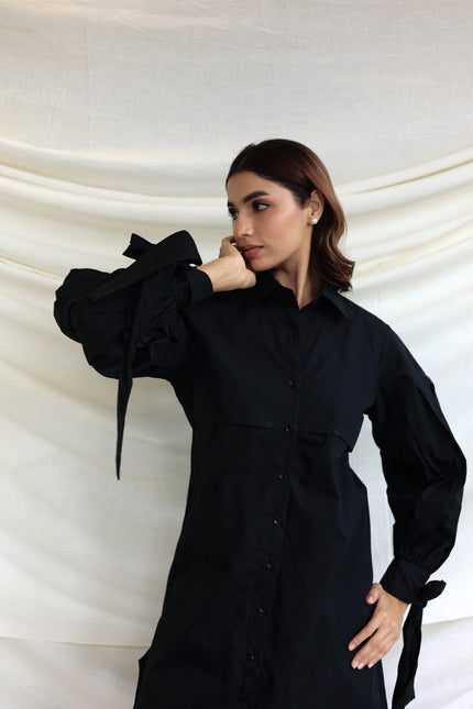 Black button through midi shirt dress